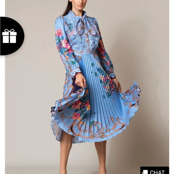 Dalia Macphee Women Lace Mosaic High Waist Long Sleeve Pleated Print Dre… - Picture 4 of 16